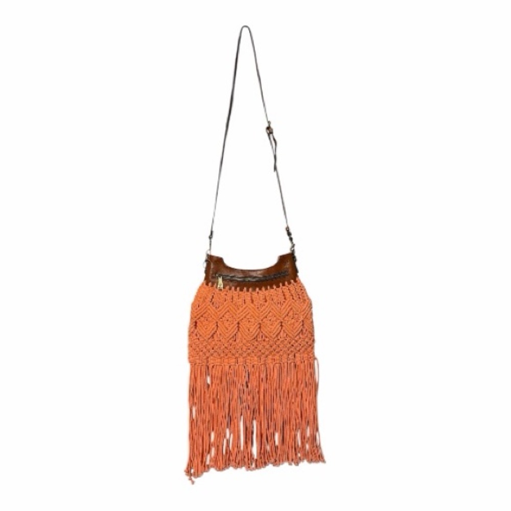 Patricia Nash Coral Macrame Fringe Crossbody bag Boho woven leather specialty - Picture 3 of 13